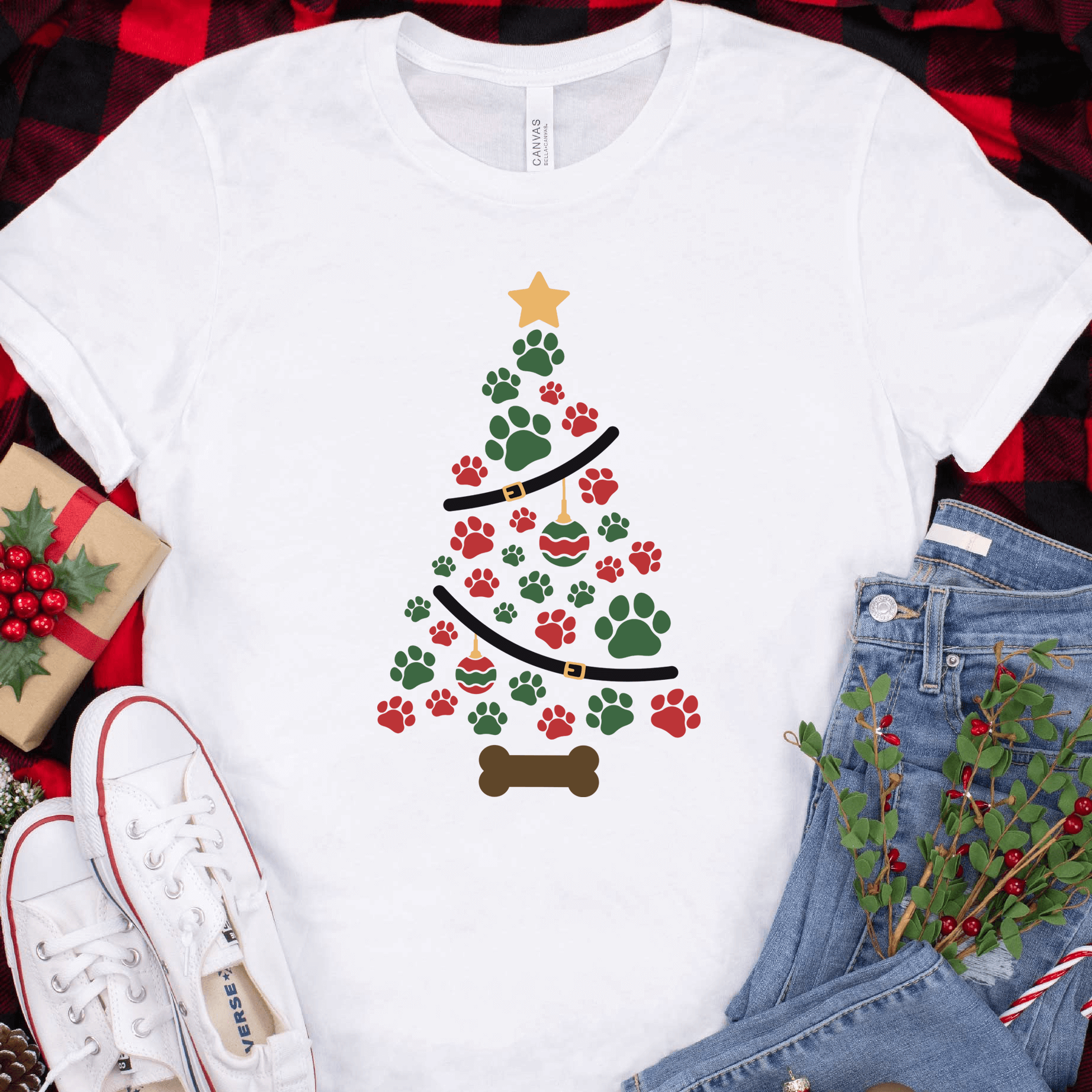 Dog Paw Christmas Tree Short Sleeve Shirt